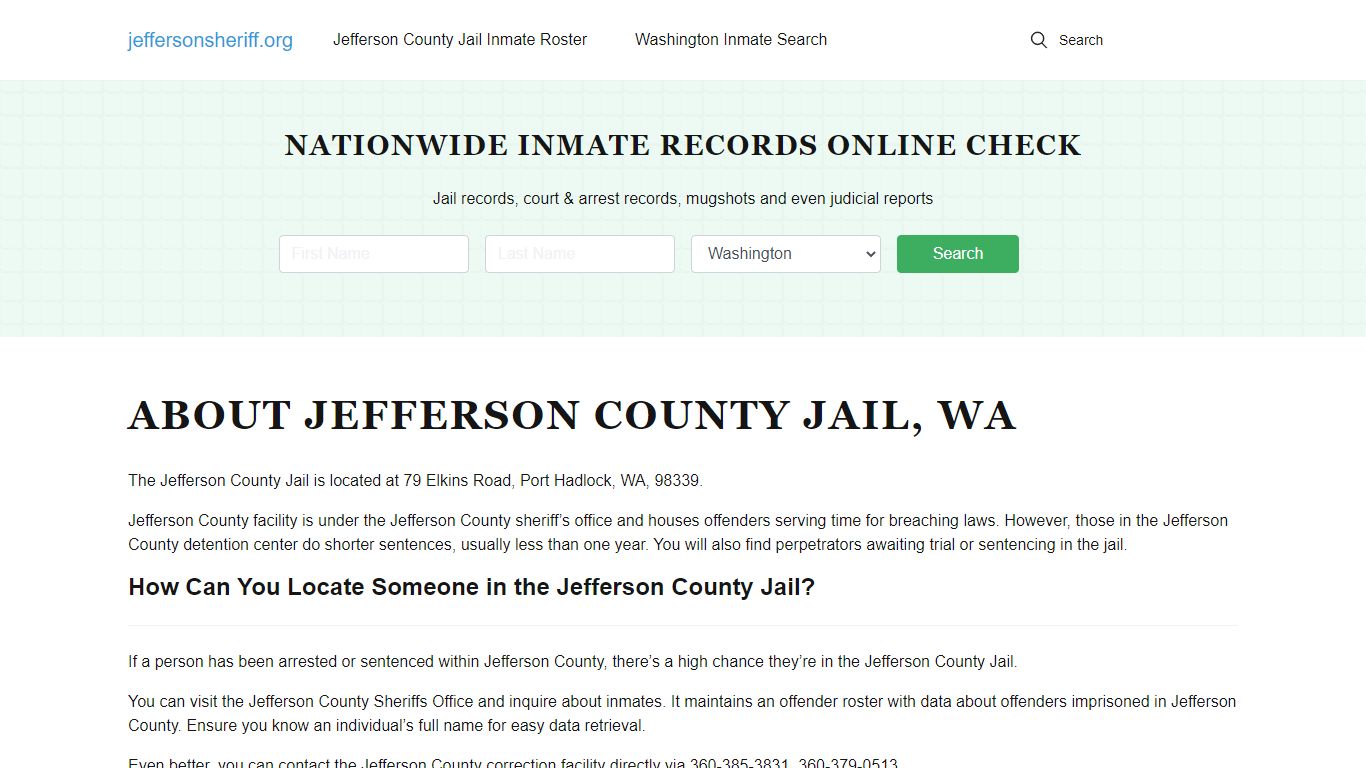 About Jefferson County Jail, WA, Inmate Search